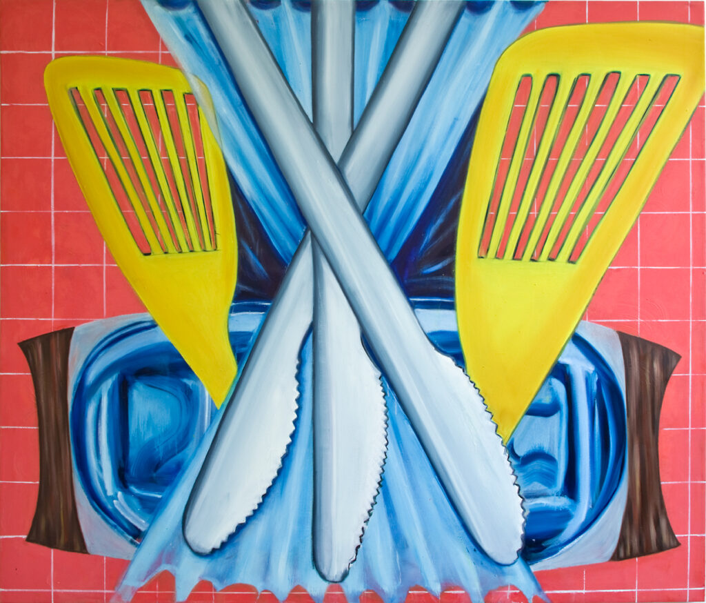 semiotics of the kitchen – r: roasting jack, k: knife, Öl und Acryl auf Nessel, 1,70 × 1,90 m, 2014