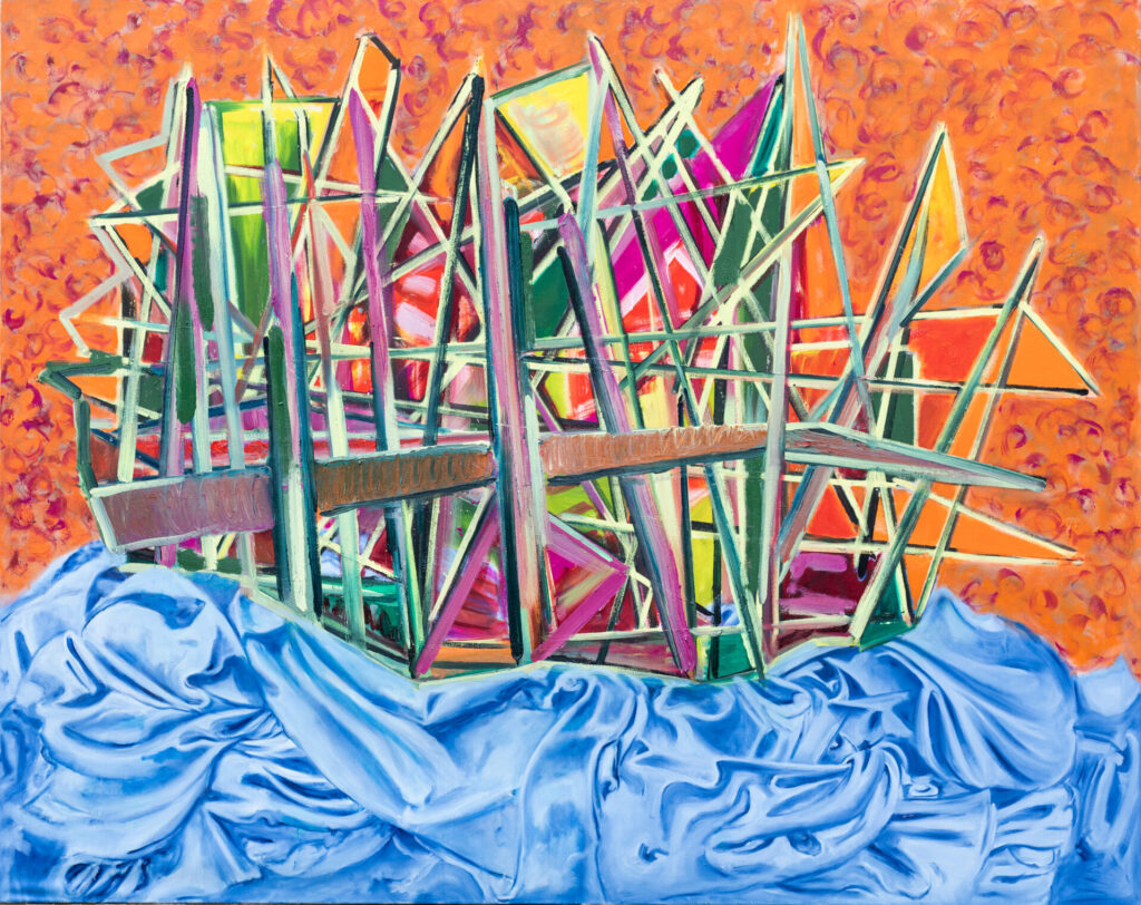 Ölmalerei, painting von Ulrike Muenchhoff; Titel: Gebilde, schwimmend III, 2025, 2,40 x 1,90 m, querformatig ; zu sehen sind helle und dunkelfarbige unregelmäßig gesetzte Strich- und Flächenfolgen vor orange-magentafarbenem Hintergrund. Diese erscheinen wie schwebend über einem schimmernd-blauem Faltenwurf der Wasserwellen assoziieren lässt