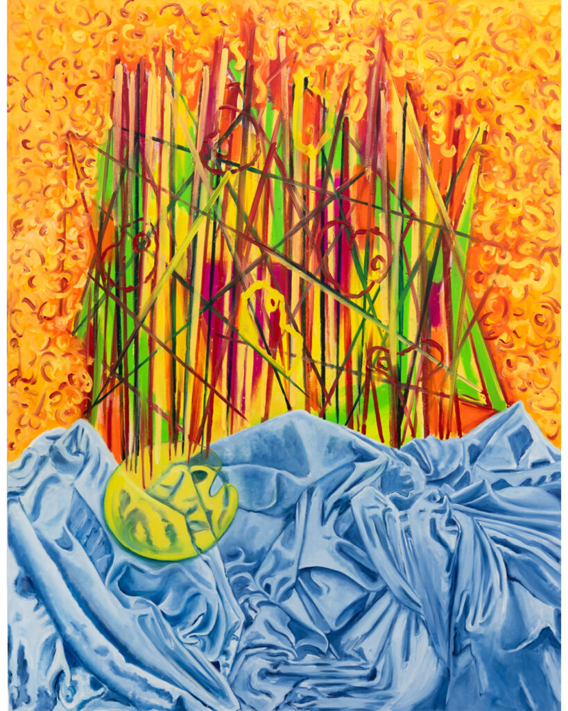Ölmalerei, painting von Ulrike Muenchhoff; Titel: Ghostship IV, Fata Morgana, 2025, 1,90x 2,40 m, hochformatig; zu sehen sind helle und dunkelfarbige unregelmäßig gesetzte Strich- und Flächenfolgen vor orange-magentafarbenem Hintergrund. Diese erscheinen wie schwebend über einem schimmernd-blauem Faltenwurf der Wasserwellen assoziieren lässt